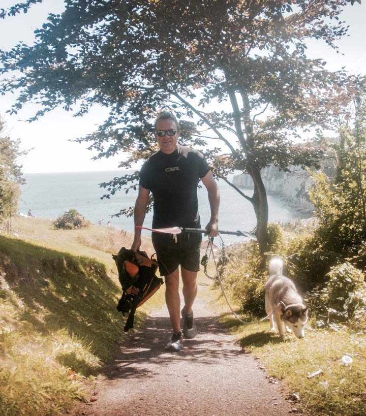 Author walking a dog